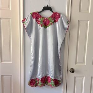 Satin Mexican Floral Embroidered Kaftan Dress